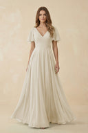 Flutter Sleeve V - Neck Chiffon A - Line Bridesmaid Dress in Dove Gray - KissProm Bridesmaid Dresses