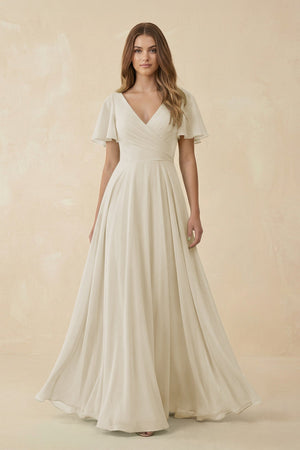 Flutter Sleeve V - Neck Chiffon A - Line Bridesmaid Dress in Dove Gray - KissProm Bridesmaid Dresses