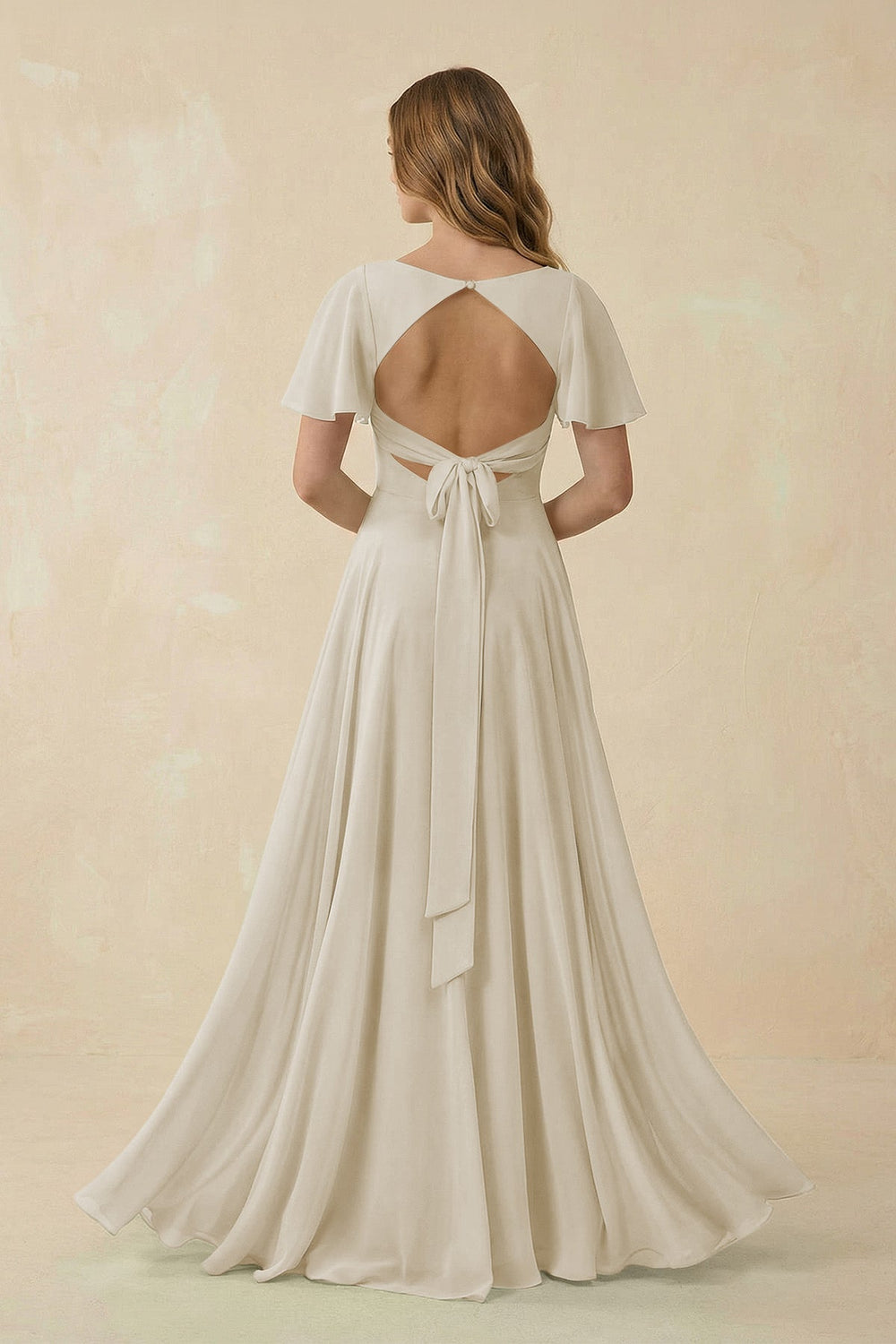 Flutter Sleeve V - Neck Chiffon A - Line Bridesmaid Dress in Dove Gray - KissProm Bridesmaid Dresses