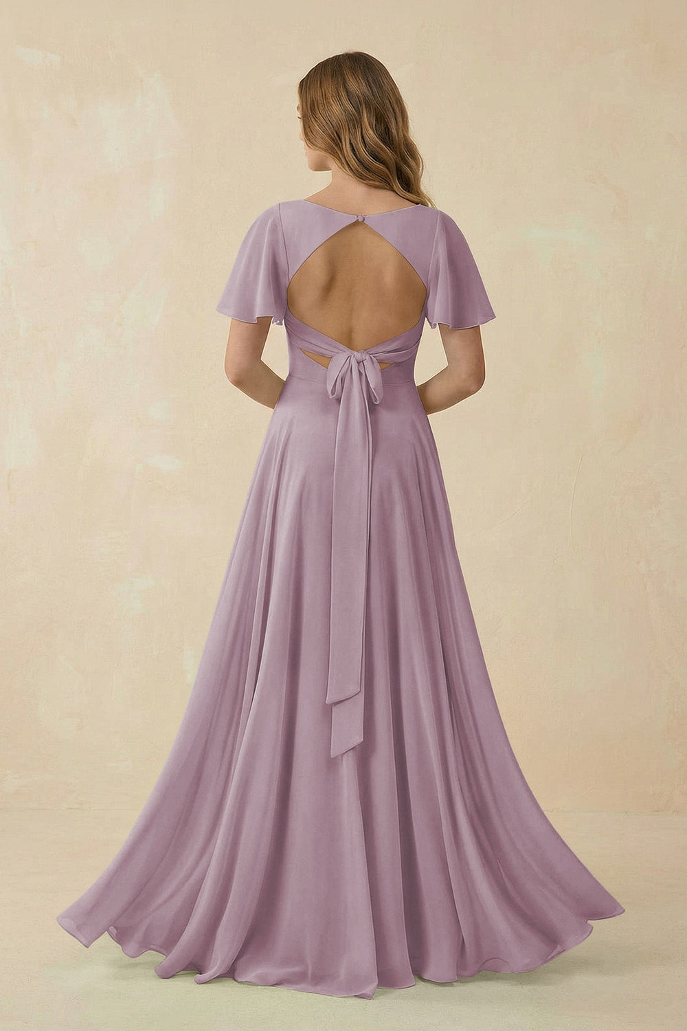 Flutter Sleeve V - Neck Chiffon A - Line Bridesmaid Dress in Dusk - KissProm Bridesmaid Dresses