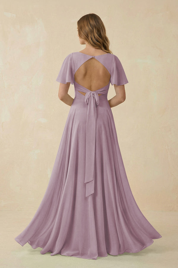 Flutter Sleeve V - Neck Chiffon A - Line Bridesmaid Dress in Dusk - KissProm Bridesmaid Dresses