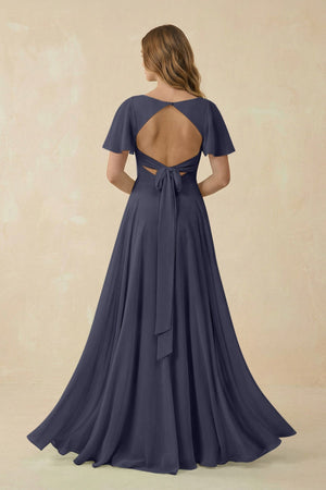 Flutter Sleeve V - Neck Chiffon A - Line Bridesmaid Dress in Dusk Blue - KissProm Bridesmaid Dresses