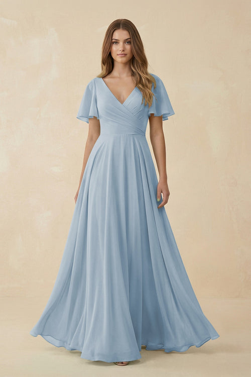 KissProm Flutter Sleeve V-Neck Chiffon A-Line Bridesmaid Dress in Dusty Blue, Dusty Blue / 0