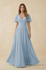 Flutter Sleeve V - Neck Chiffon A - Line Bridesmaid Dress in Dusty Blue - KissProm Bridesmaid Dresses