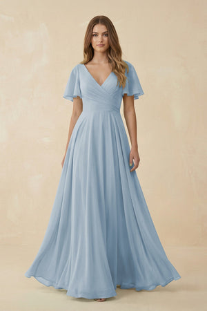Flutter Sleeve V - Neck Chiffon A - Line Bridesmaid Dress in Dusty Blue - KissProm Bridesmaid Dresses