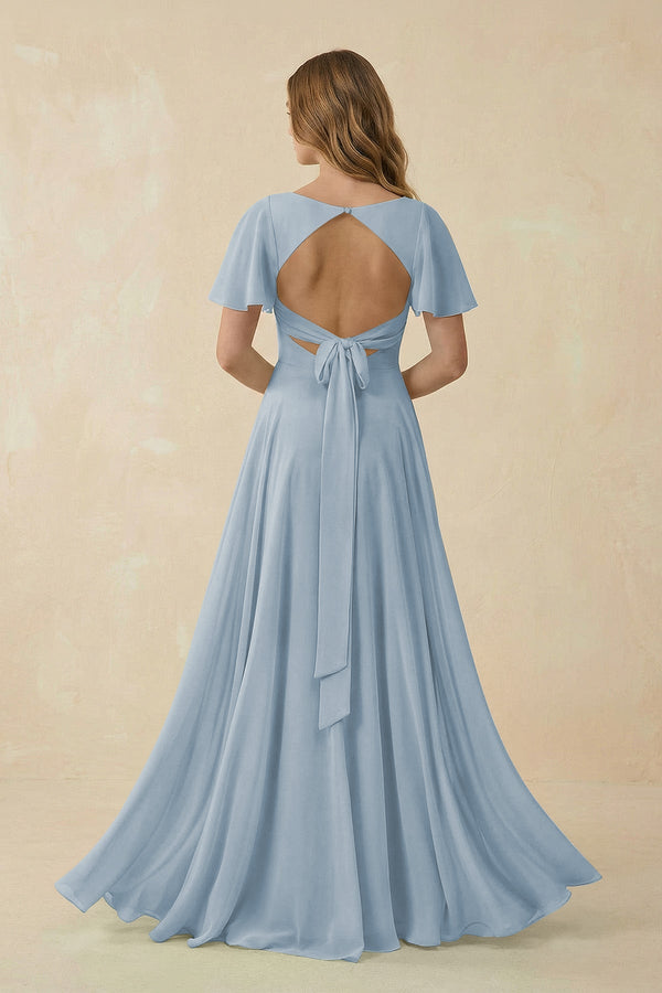 Flutter Sleeve V - Neck Chiffon A - Line Bridesmaid Dress in Dusty Blue - KissProm Bridesmaid Dresses