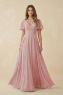 Flutter Sleeve V - Neck Chiffon A - Line Bridesmaid Dress in Dusty Rose - KissProm Bridesmaid Dresses