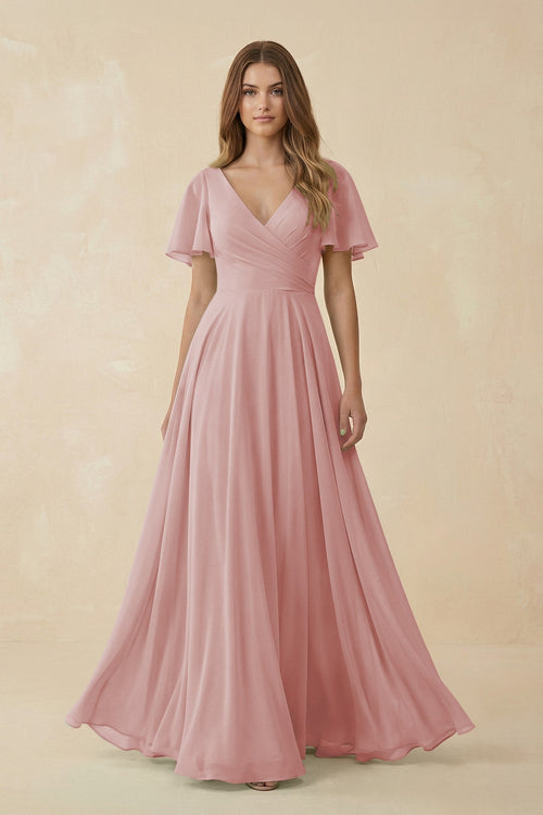 Flutter Sleeve V - Neck Chiffon A - Line Bridesmaid Dress in Dusty Rose - KissProm Bridesmaid Dresses