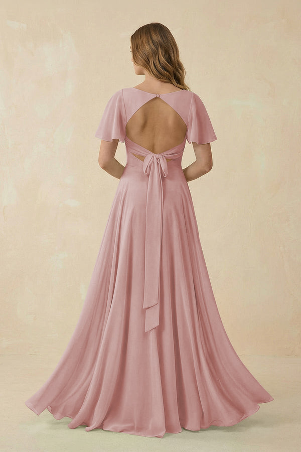 Flutter Sleeve V - Neck Chiffon A - Line Bridesmaid Dress in Dusty Rose - KissProm Bridesmaid Dresses