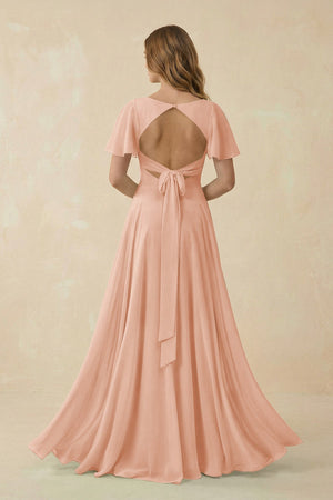 Flutter Sleeve V - Neck Chiffon A - Line Bridesmaid Dress in English Rose - KissProm Bridesmaid Dresses