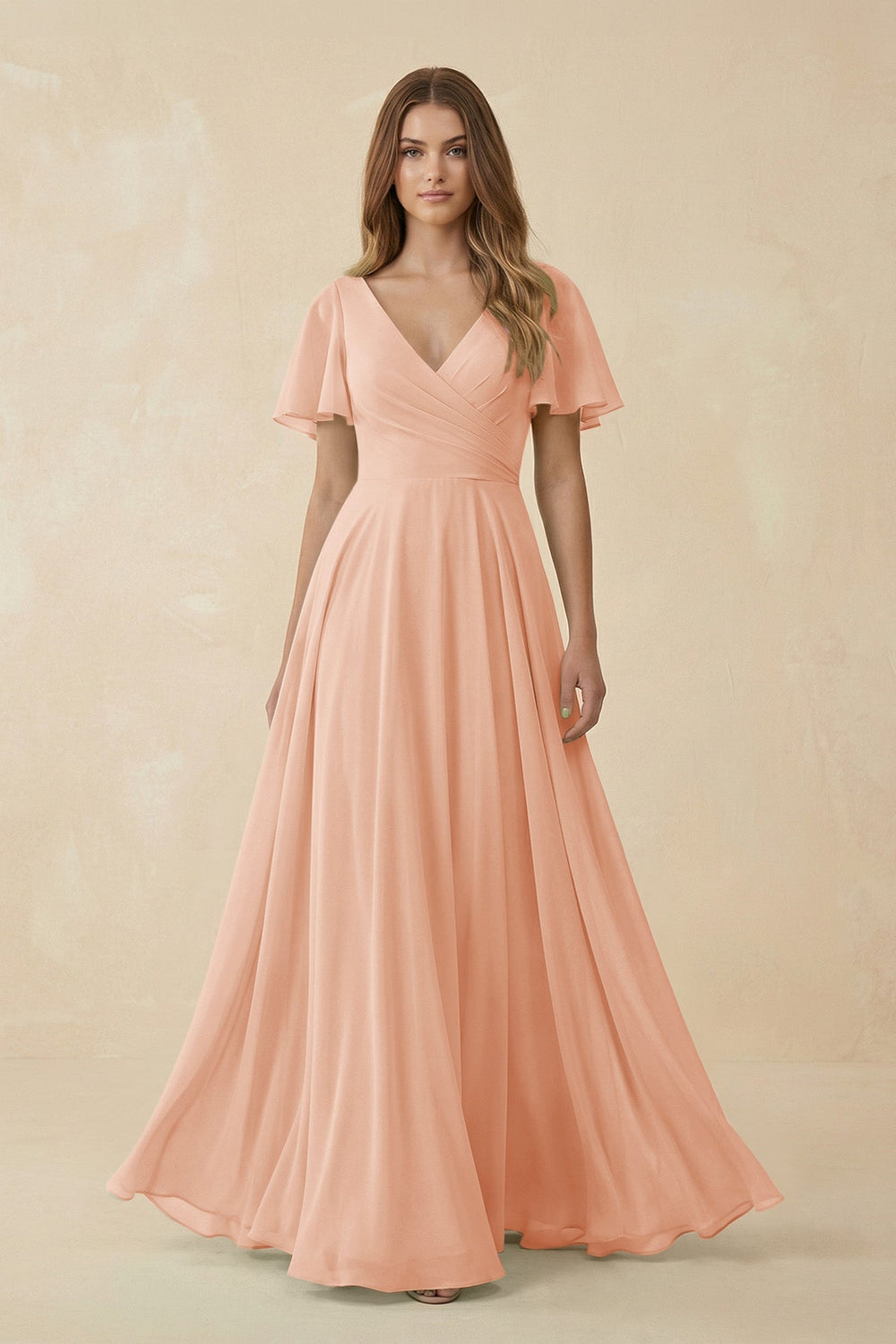 Flutter Sleeve V - Neck Chiffon A - Line Bridesmaid Dress in English Rose - KissProm Bridesmaid Dresses