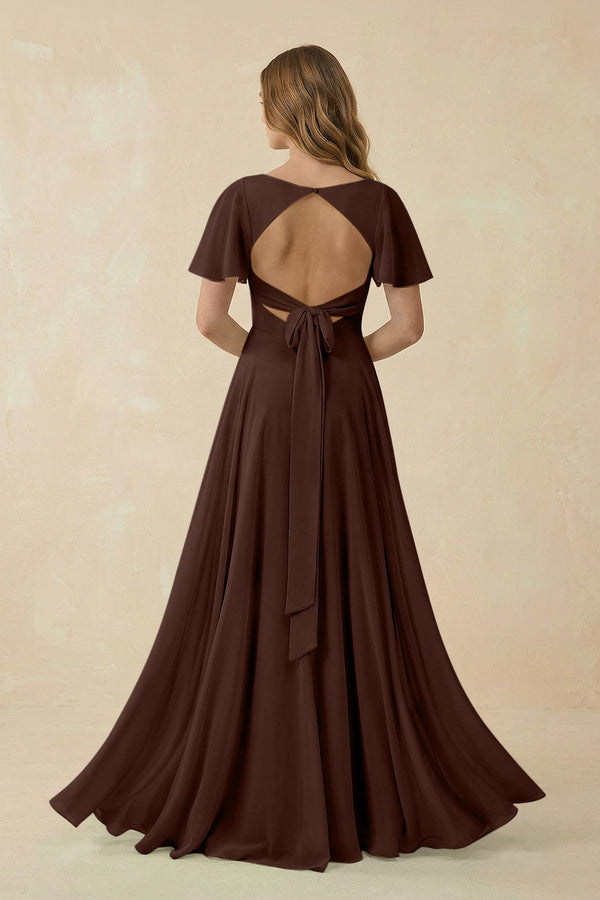 Flutter Sleeve V-Neck Chiffon A-Line Bridesmaid Dress in Espresso, Espresso / 22 Flutter Sleeve V-Neck Chiffon A-Line Bridesmaid Dress in Espresso, Espresso / 22