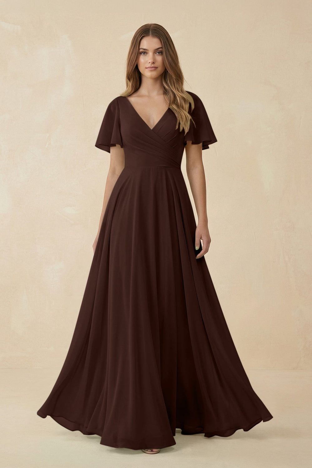 Flutter Sleeve V - Neck Chiffon A - Line Bridesmaid Dress in Espresso - KissProm Bridesmaid Dresses