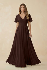 Flutter Sleeve V - Neck Chiffon A - Line Bridesmaid Dress in Espresso - KissProm Bridesmaid Dresses