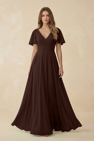Flutter Sleeve V - Neck Chiffon A - Line Bridesmaid Dress in Espresso - KissProm Bridesmaid Dresses