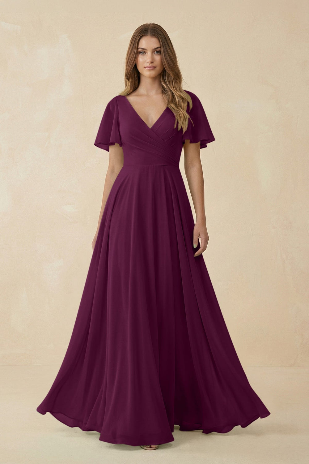 Flutter Sleeve V - Neck Chiffon A - Line Bridesmaid Dress in Fig - KissProm Bridesmaid Dresses