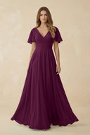 Flutter Sleeve V - Neck Chiffon A - Line Bridesmaid Dress in Fig - KissProm Bridesmaid Dresses