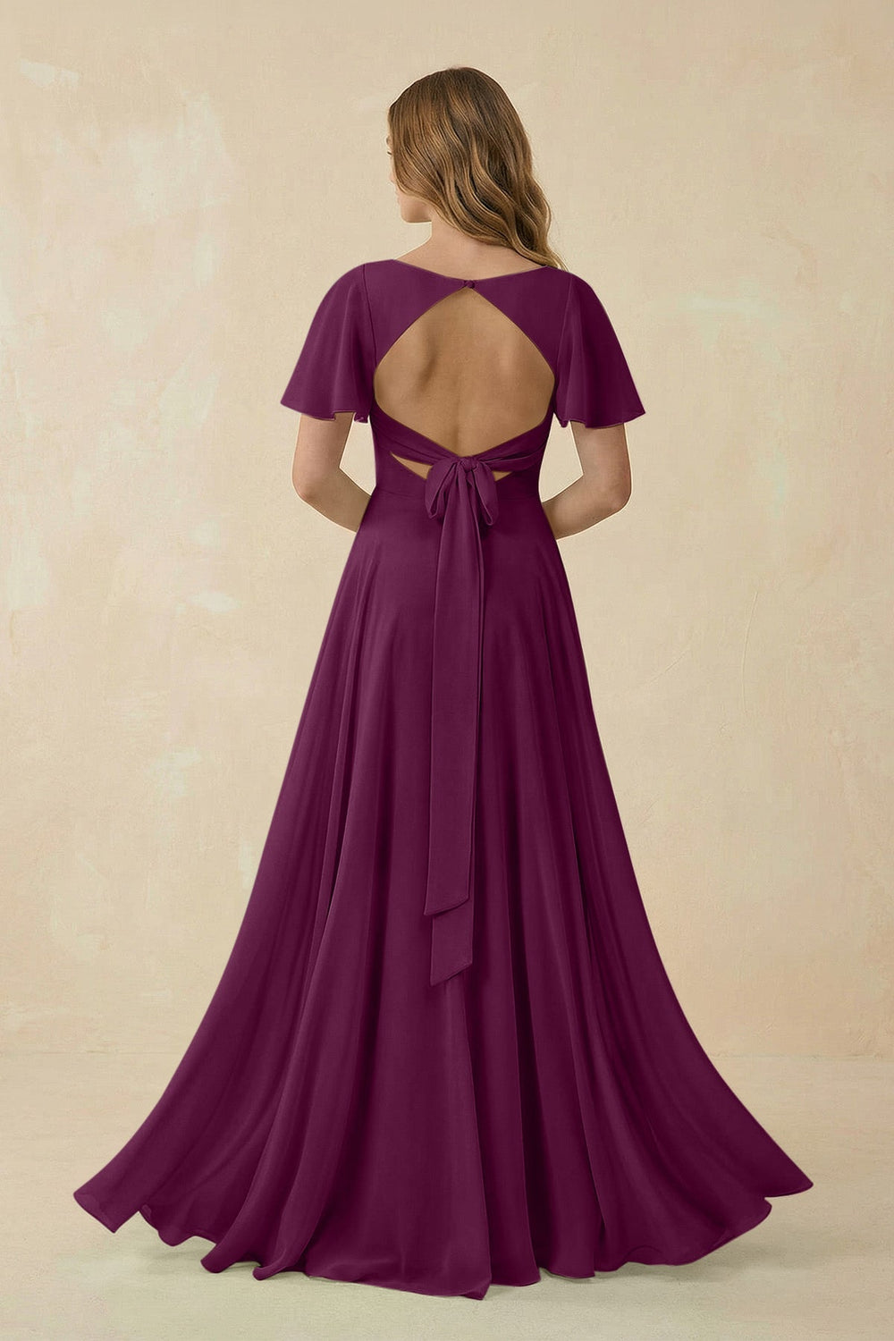 Flutter Sleeve V - Neck Chiffon A - Line Bridesmaid Dress in Fig - KissProm Bridesmaid Dresses
