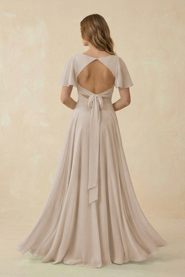 Flutter Sleeve V - Neck Chiffon A - Line Bridesmaid Dress in Frost - KissProm Bridesmaid Dresses