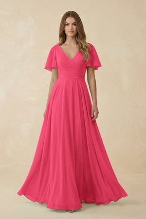 Flutter Sleeve V - Neck Chiffon A - Line Bridesmaid Dress in Fuchsia - KissProm Bridesmaid Dresses