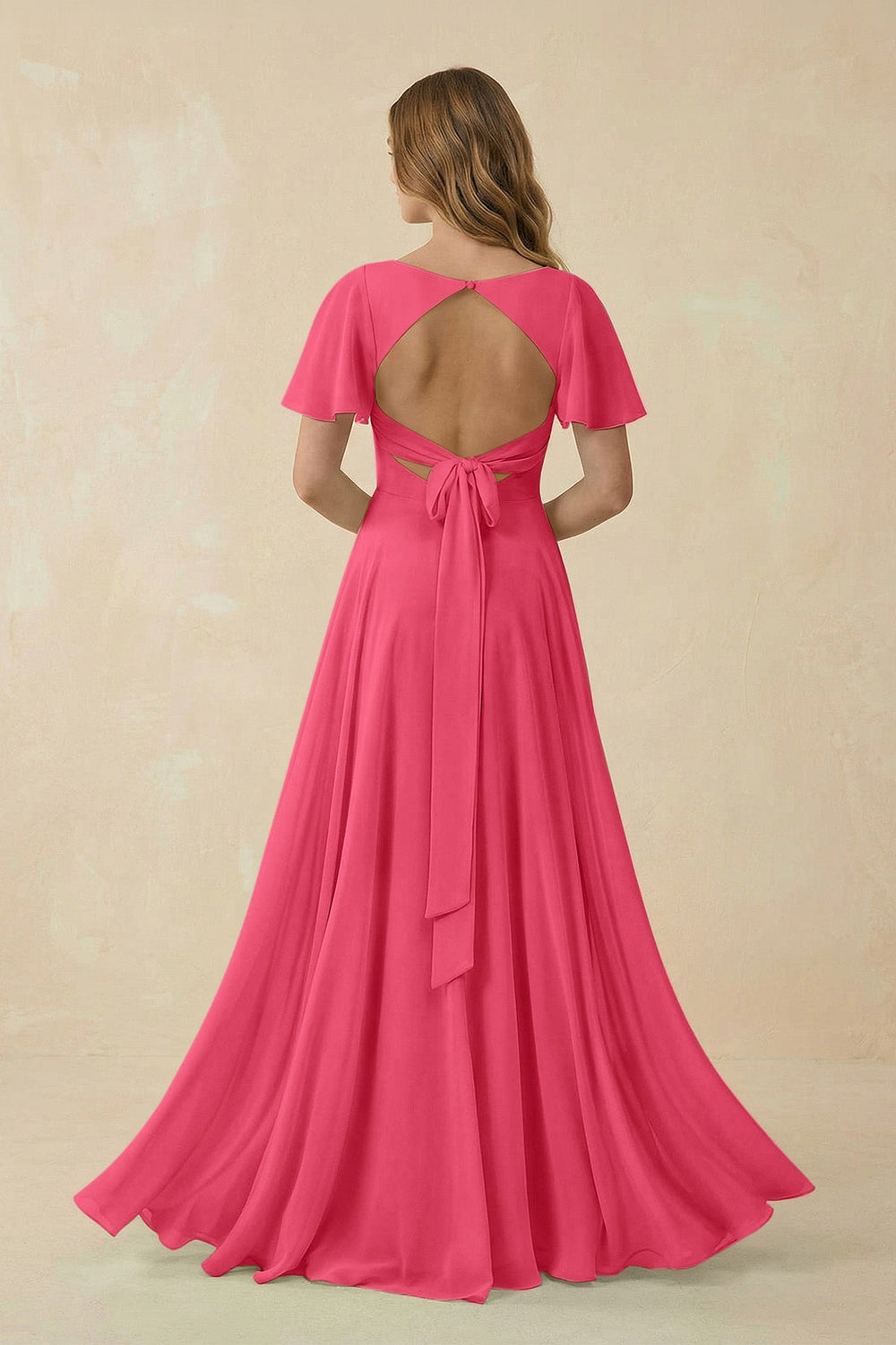 Flutter Sleeve V - Neck Chiffon A - Line Bridesmaid Dress in Fuchsia - KissProm Bridesmaid Dresses
