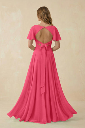 Flutter Sleeve V - Neck Chiffon A - Line Bridesmaid Dress in Fuchsia - KissProm Bridesmaid Dresses