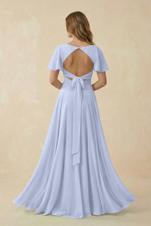Flutter Sleeve V - Neck Chiffon A - Line Bridesmaid Dress in Ice - KissProm Bridesmaid Dresses