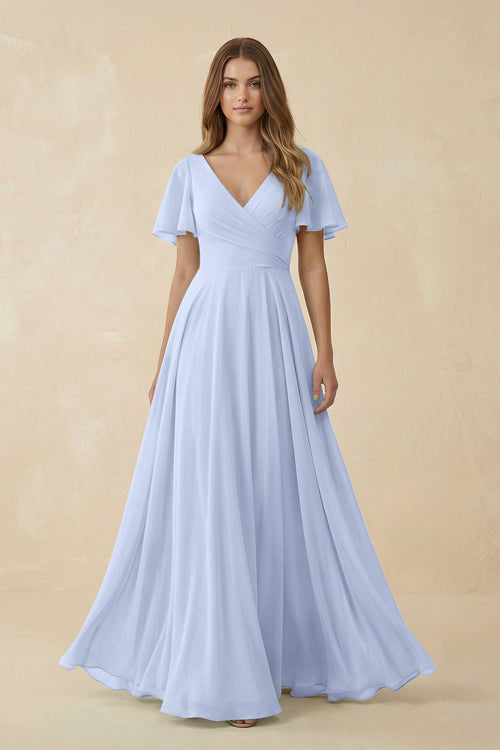 Flutter Sleeve V-Neck Chiffon A-Line Bridesmaid Dress in Ice, Ice / 16 Flutter Sleeve V-Neck Chiffon A-Line Bridesmaid Dress in Ice, Ice / 16