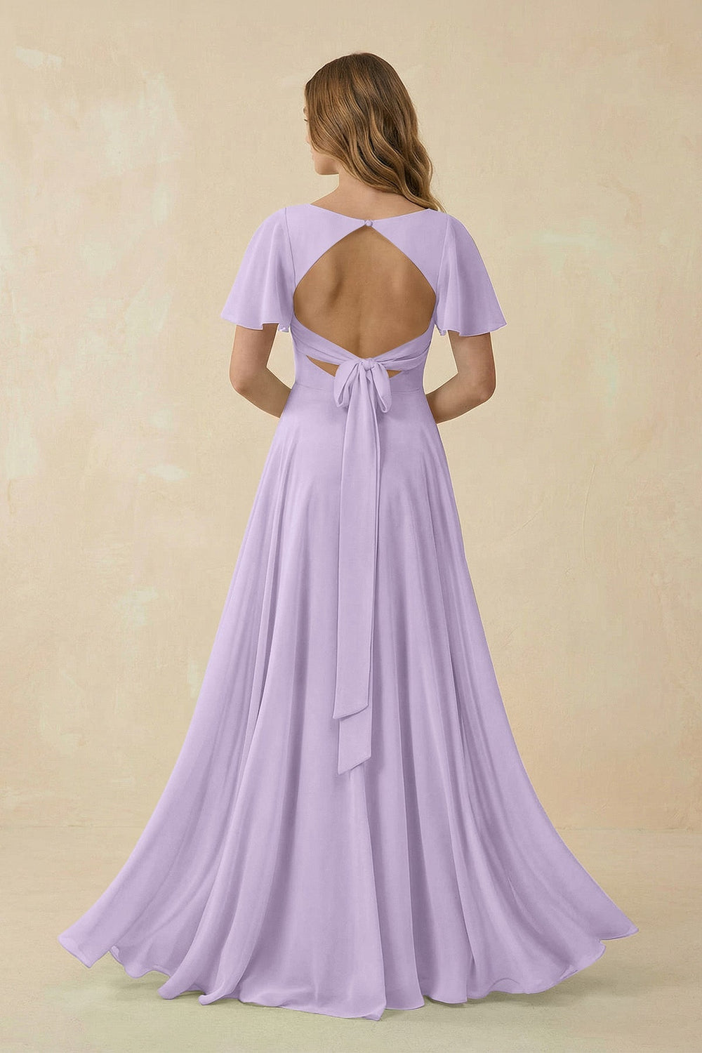 Flutter Sleeve V - Neck Chiffon A - Line Bridesmaid Dress in Lavender - KissProm Bridesmaid Dresses