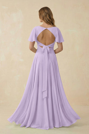 Flutter Sleeve V - Neck Chiffon A - Line Bridesmaid Dress in Lavender - KissProm Bridesmaid Dresses