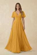 Flutter Sleeve V - Neck Chiffon A - Line Bridesmaid Dress in Marigold - KissProm Bridesmaid Dresses