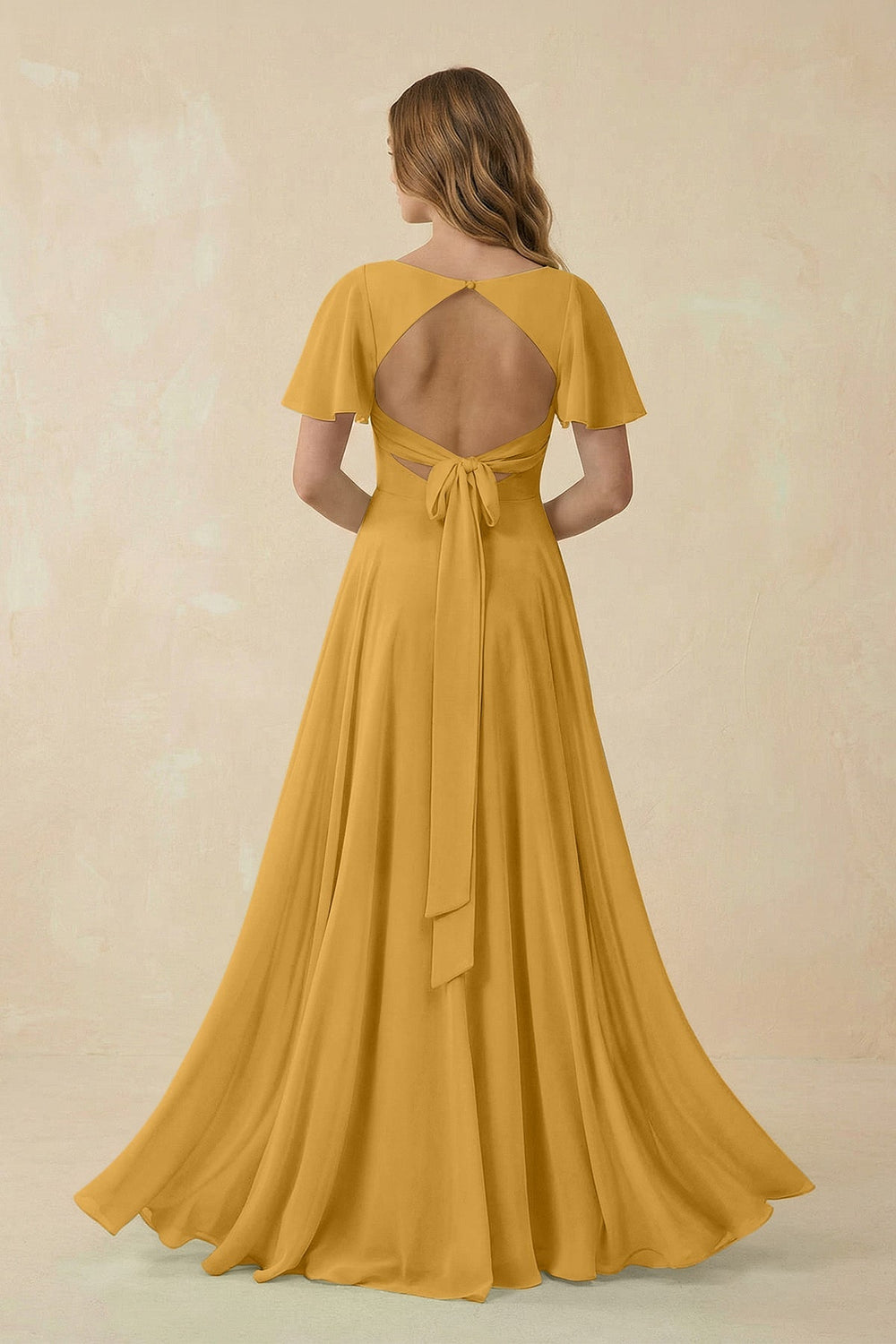 Flutter Sleeve V - Neck Chiffon A - Line Bridesmaid Dress in Marigold - KissProm Bridesmaid Dresses
