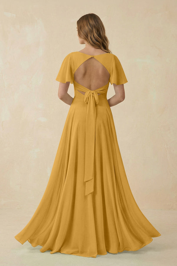 Flutter Sleeve V - Neck Chiffon A - Line Bridesmaid Dress in Marigold - KissProm Bridesmaid Dresses