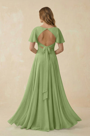Flutter Sleeve V - Neck Chiffon A - Line Bridesmaid Dress in Matcha - KissProm Bridesmaid Dresses