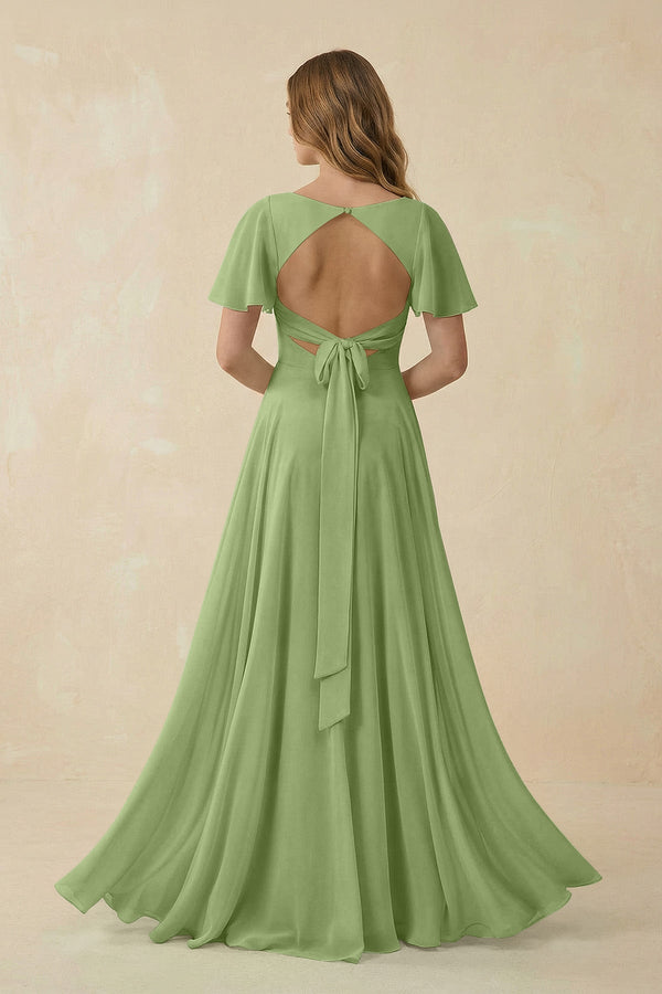 Flutter Sleeve V - Neck Chiffon A - Line Bridesmaid Dress in Matcha - KissProm Bridesmaid Dresses
