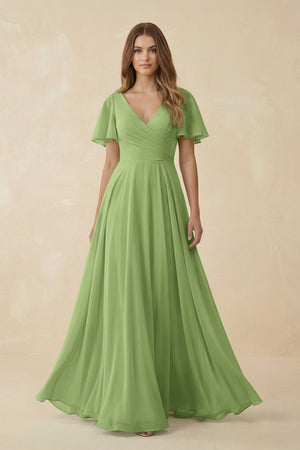 Flutter Sleeve V - Neck Chiffon A - Line Bridesmaid Dress in Matcha - KissProm Bridesmaid Dresses