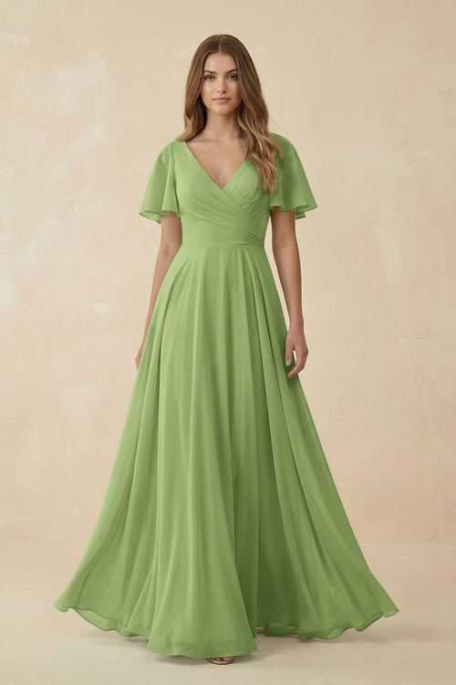 Flutter Sleeve V - Neck Chiffon A - Line Bridesmaid Dress in Matcha - KissProm Bridesmaid Dresses