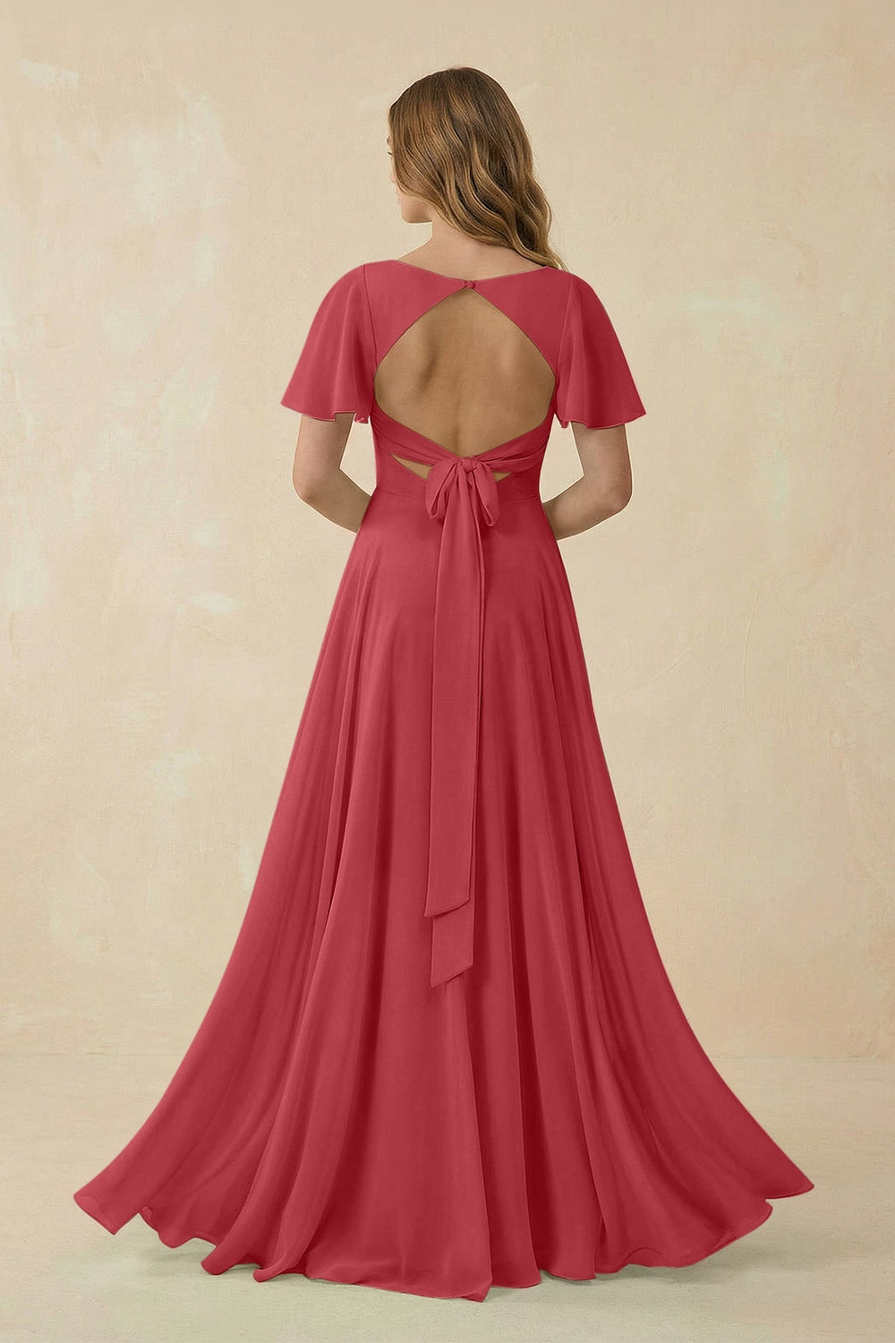 Flutter Sleeve V - Neck Chiffon A - Line Bridesmaid Dress in Merlot - KissProm Bridesmaid Dresses