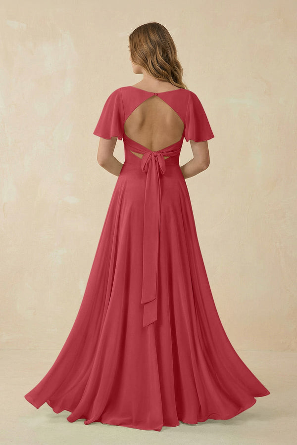 Flutter Sleeve V - Neck Chiffon A - Line Bridesmaid Dress in Merlot - KissProm Bridesmaid Dresses