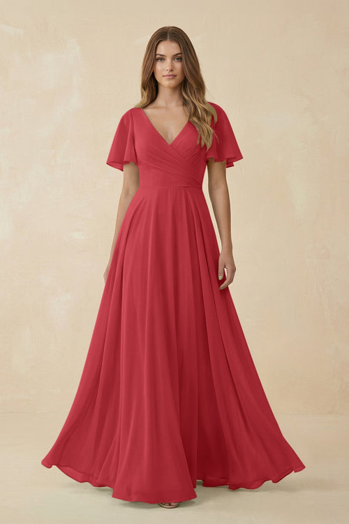 KissProm Flutter Sleeve V-Neck Chiffon A-Line Bridesmaid Dress in Merlot, Merlot / 0