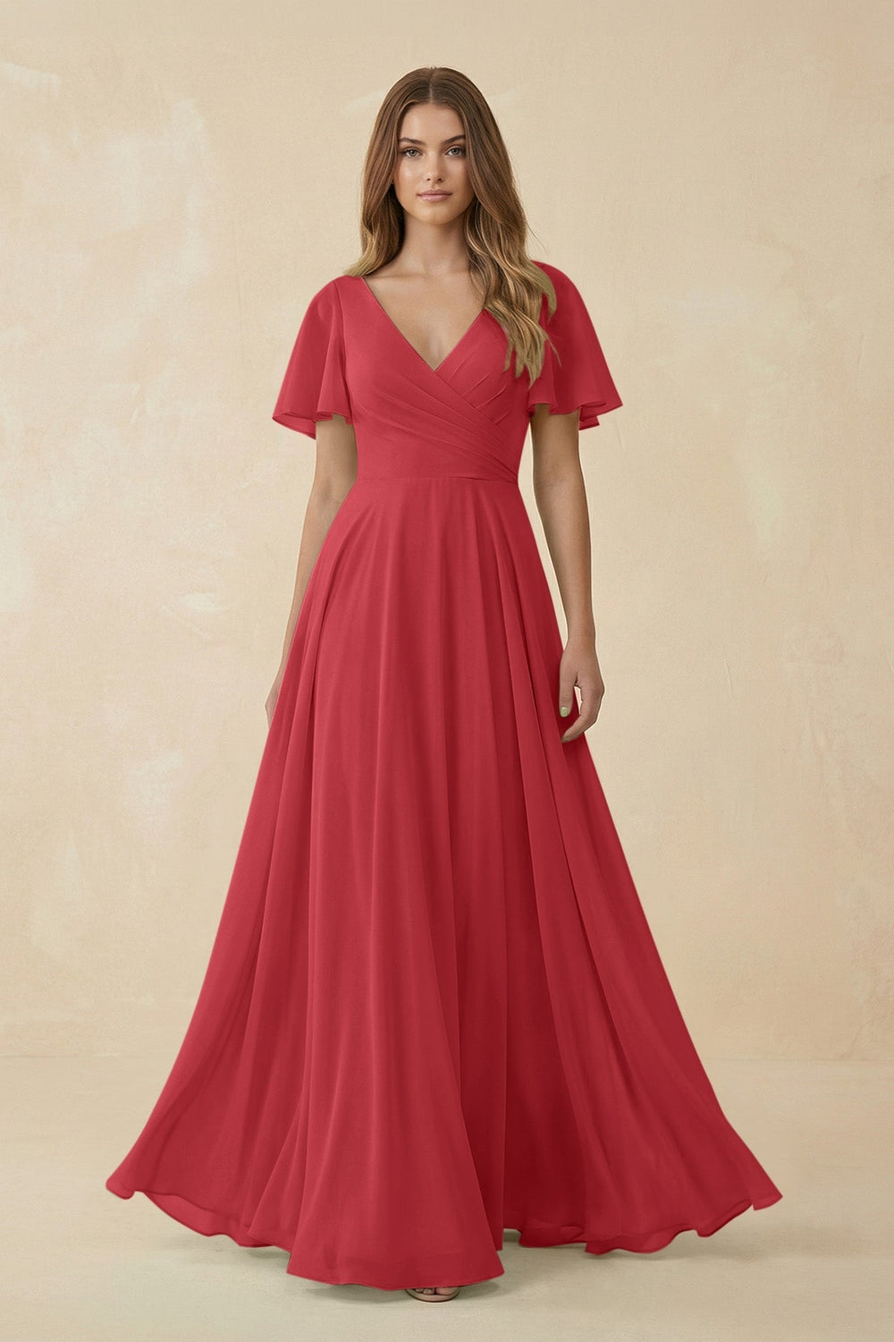 Flutter Sleeve V - Neck Chiffon A - Line Bridesmaid Dress in Merlot - KissProm Bridesmaid Dresses