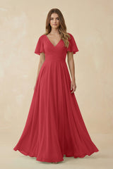 Flutter Sleeve V - Neck Chiffon A - Line Bridesmaid Dress in Merlot - KissProm Bridesmaid Dresses