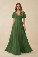 Flutter Sleeve V - Neck Chiffon A - Line Bridesmaid Dress in Moss - KissProm Bridesmaid Dresses