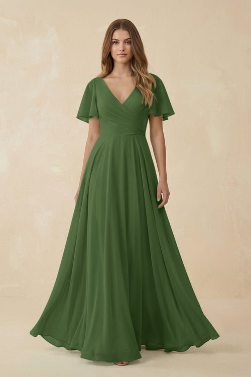 Flutter Sleeve V - Neck Chiffon A - Line Bridesmaid Dress in Moss - KissProm Bridesmaid Dresses