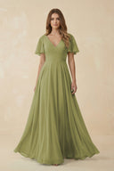 Flutter Sleeve V - Neck Chiffon A - Line Bridesmaid Dress in Moss Green - KissProm Bridesmaid Dresses