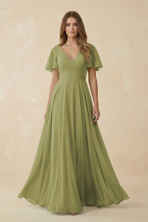 Flutter Sleeve V - Neck Chiffon A - Line Bridesmaid Dress in Moss Green - KissProm Bridesmaid Dresses