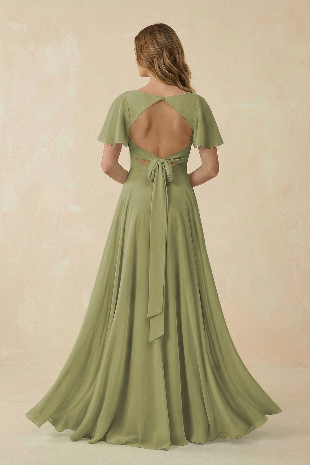 Flutter Sleeve V - Neck Chiffon A - Line Bridesmaid Dress in Moss Green - KissProm Bridesmaid Dresses