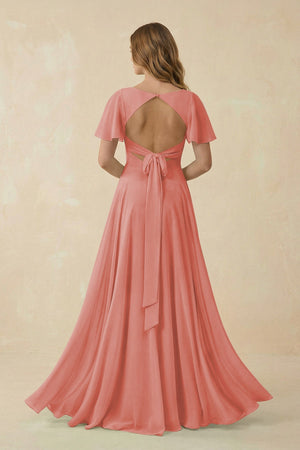 Flutter Sleeve V - Neck Chiffon A - Line Bridesmaid Dress in Mulberry - KissProm Bridesmaid Dresses