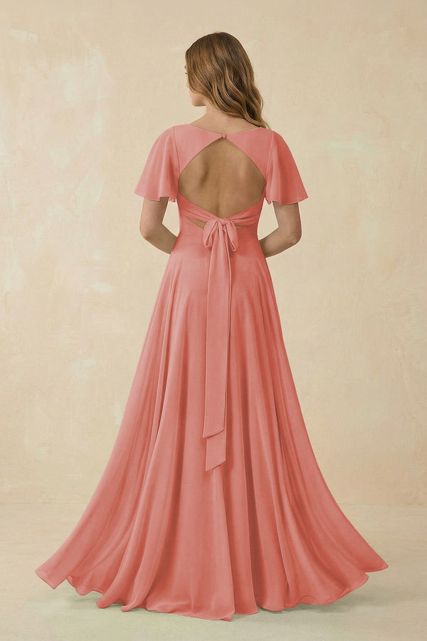 Flutter Sleeve V - Neck Chiffon A - Line Bridesmaid Dress in Mulberry - KissProm Bridesmaid Dresses