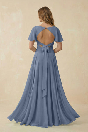 Flutter Sleeve V - Neck Chiffon A - Line Bridesmaid Dress in Neptune - KissProm Bridesmaid Dresses